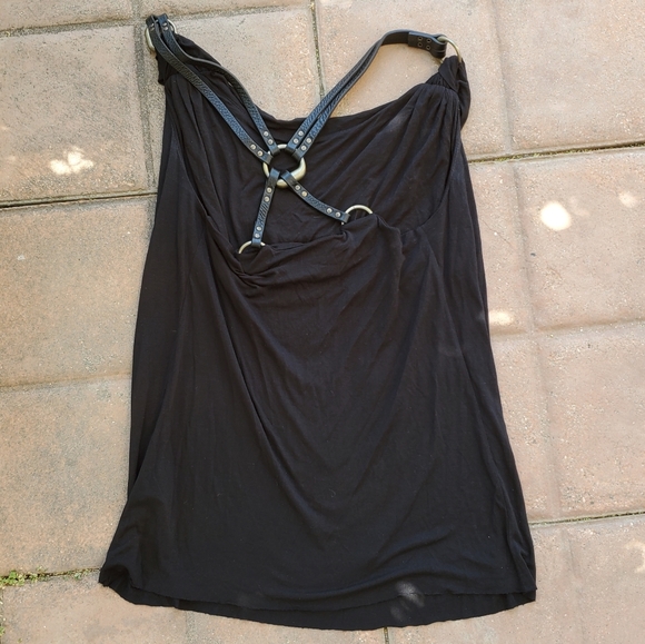 RARE All Saints Enyo Leather Metal Cowl Top Neck STEAMPUNK Size 12 (S/M) Modal - Picture 1 of 7
